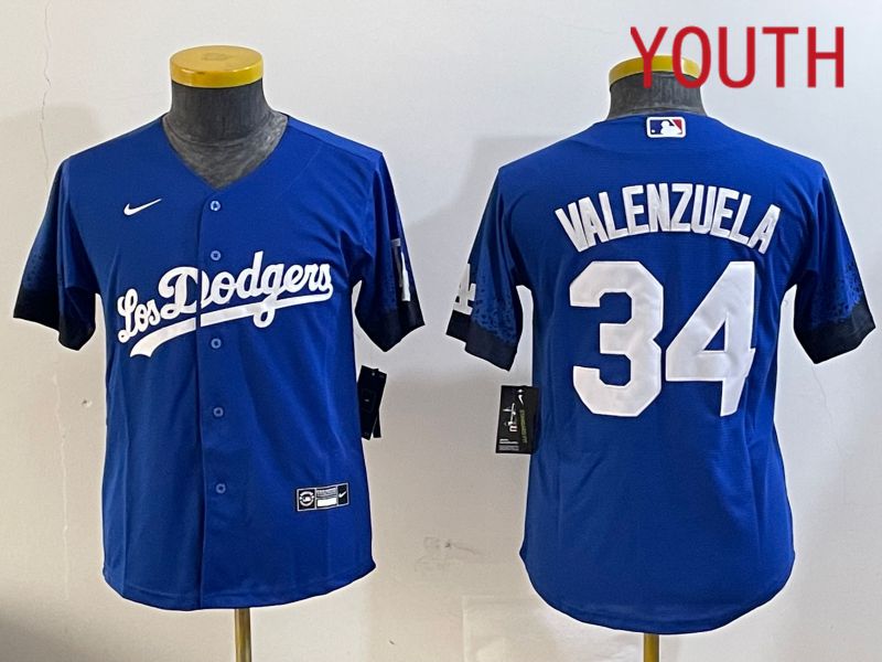 Youth  Los Angeles Dodgers #34 Valenzuela 2024 blue jersey 2024112005